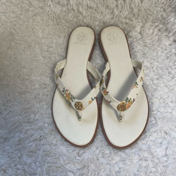 Tory Burch leather beige Floral thong Sandals gold tone logo accent SZ9 - Picture 3 of 13